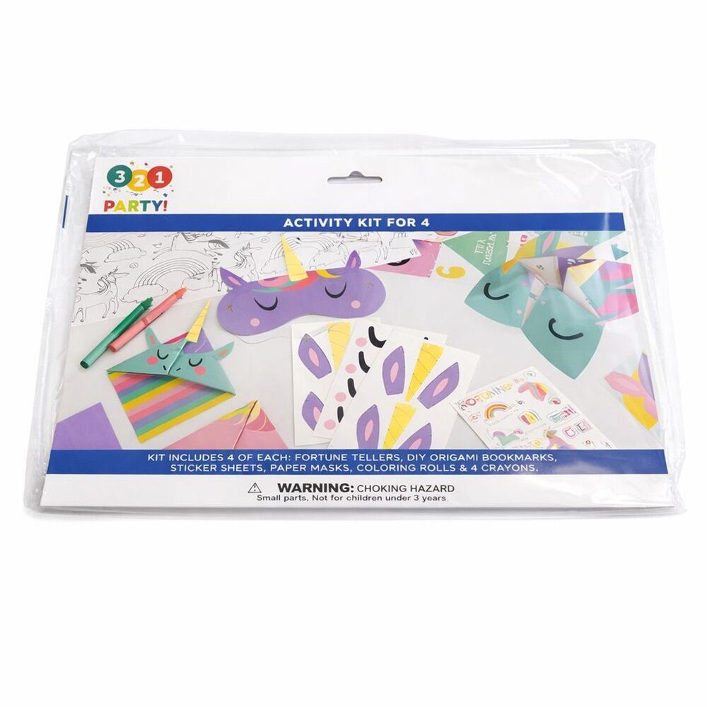 3•2•1 Party Unicorn Activity Kit for 4 Kids DIY Origami Coloring Stickers Masks